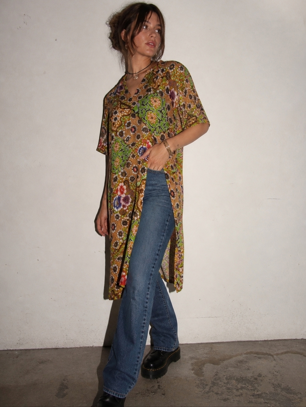Vintage 70s Boho Floral Tunic Psychedelic Caftan Top Festival Hippie Size Large